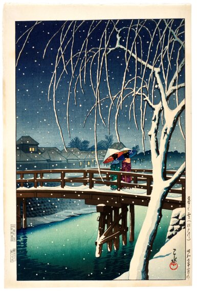 View full screen - View 1 of Lot 67. Kawase Hasui (1883-1957) | Evening Snow, Edogawa River (Kure no yuki, Edogawa) | Showa period, 20th century.