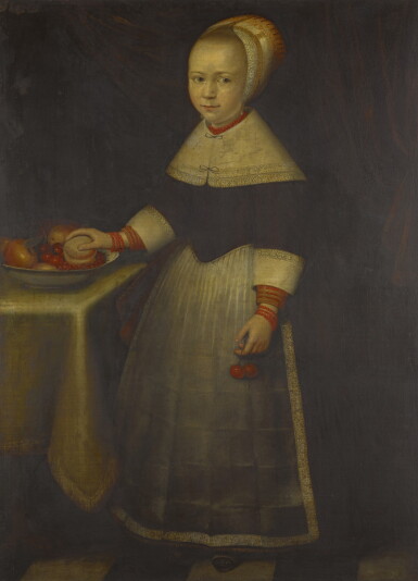 View full screen - View 1 of Lot 61. CIRCLE OF JAN ALBERTSZ. ROTIUS | PORTRAIT OF A GIRL, FULL-LENGTH, HOLDING CHERRIES, A BOWL OF FRUIT ON A TABLE BESIDE HER.