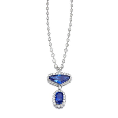 View full screen - View 1 of Lot 711. Sapphire and diamond pendant/brooch and a diamond necklace.