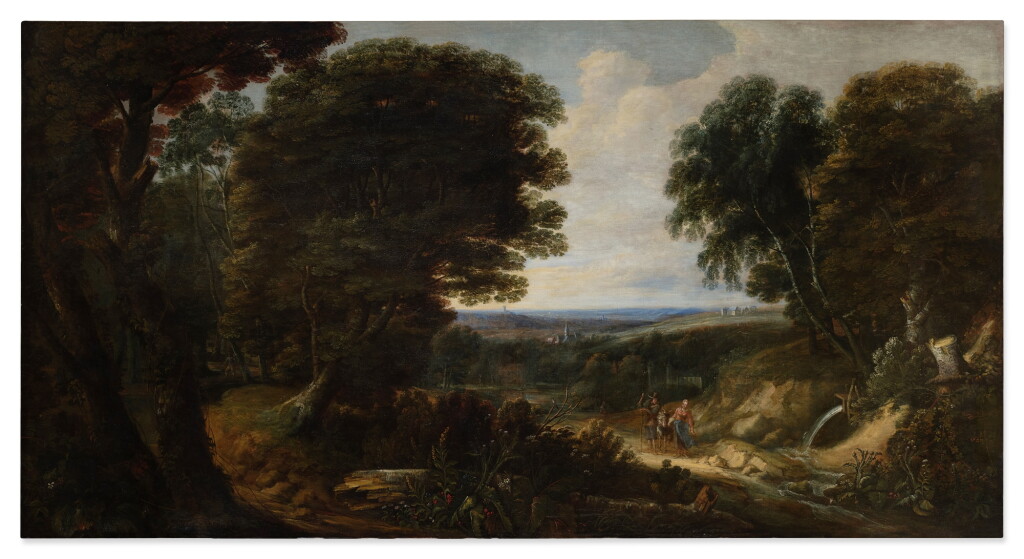 View full screen - View 1 of Lot 64. An extensive wooded landscape with figures, a castle, and a river in the distance.