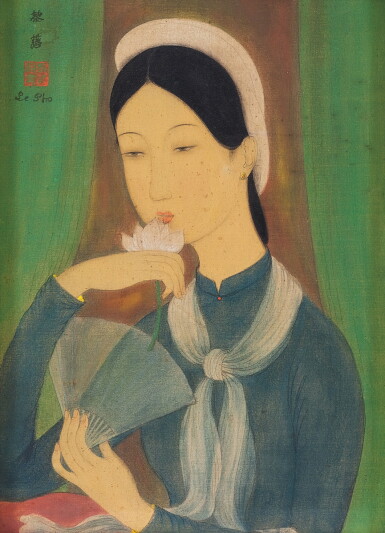 View full screen - View 1 of Lot 1074. Le Pho 黎譜 | Jeune femme au lotus et à l'éventail 手持蓮花和扇的女子.