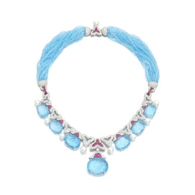 View full screen - View 1 of Lot 958. Aquamarine, ruby, cultured pearl and diamond necklace.