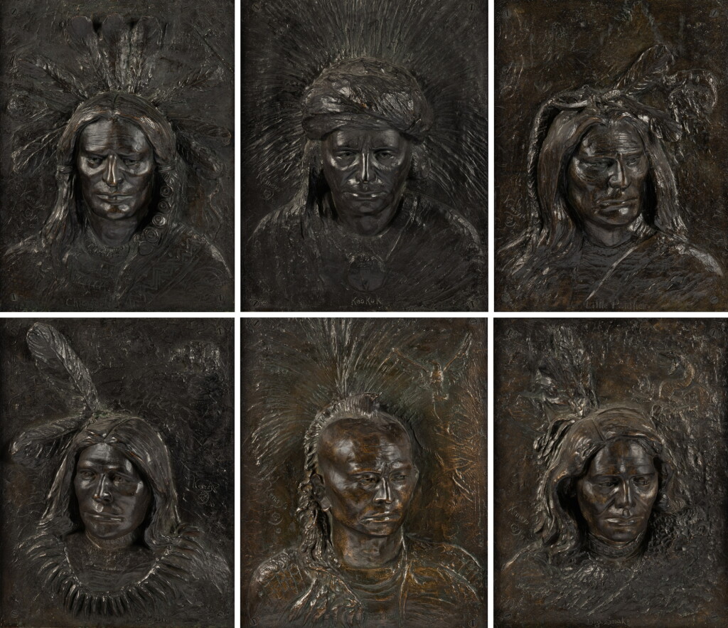 View full screen - View 1 of Lot 505. Black Hawk, Big Snake, Chicagou, Keokuk, Hairy Bear, and Little Panther: Six Bronze Reliefs.