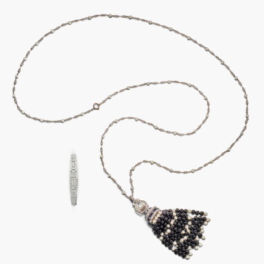 View full screen - View 1 of Lot 1362. Pearl, Onyx, and Diamond Necklace and Diamond Wristwatch | 珍珠 配 縞瑪瑙 配 琺瑯彩 及 鑽石 項鏈 及 鑽石 腕錶.