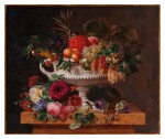 A Classical Urn with Gooseberries, Apricots, Currents, Cherries, Peaches and Pineapple set on a Flower Covered Plinth