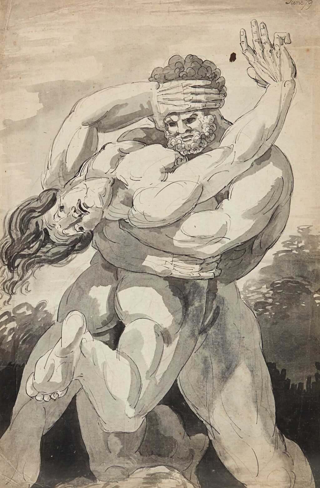 View full screen - View 1 of Lot 284. Recto: Hercules and Antaeus Verso: A male nude (St. Sebastian?) with his arms raised above his head, studied by onlookers.