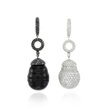 View full screen - View 1 of Lot 111. Ebony, black diamond and diamond earrings.