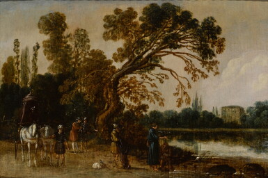 View full screen - View 1 of Lot 36. ESAIAS VAN DE VELDE | A landscape with Saint Philip baptising the eunuch of Queen Candace of Ethiopia.