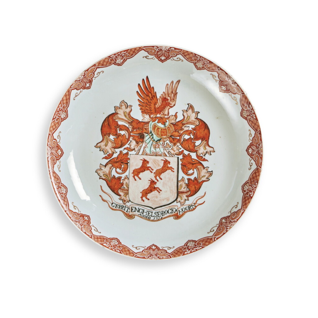 View full screen - View 1 of Lot 1051. A Rare Large Chinese Export Dutch-Decorated Armorial Saucer Dish, Qing Dynasty, Kangxi Period, Dated 1718.