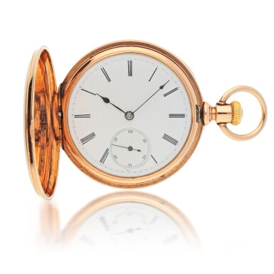View full screen - View 1 of Lot 165. PINK GOLD HUNTING-CASED WATCH WITH WHITE ENAMEL DIAL MADE IN 1881.