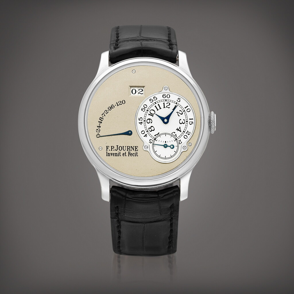 View full screen - View 1 of Lot 2153. Octa Réserve de Marche A platinum wristwatch with date, power reserve indication and brass movement, Circa 2002 | F. P. Journe | Octa Réserve de Marche | 鉑金腕錶,備日期、動力儲備顯示及銅製機芯,約2002年製.