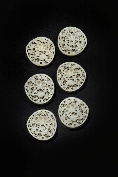 View full screen - View 1 of Lot 392. A set of six white jade openwork belt plaques, Ming dynasty.