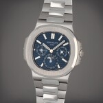 Nautilus, Reference 5740/1G-001 | A white gold perpetual calendar wristwatch with moon phases, leap year indication and bracelet | Circa 2022 | 百達翡麗 | Nautilus 型號5740/1G-001 | 白金萬年曆鏈帶腕錶備月相及閏年顯示,製作年份約2022