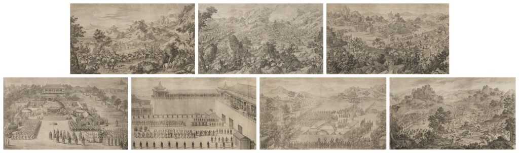 View full screen - View 1 of Lot 220. The conquest of the Qianlong Emperor, a group of seven copper-plate engravings after Castiglione, et al, Qing dynasty, Qianlong period, 1765-1774 | 清乾隆三十至三十九年 平定准噶尔回部得胜图一組七幅.