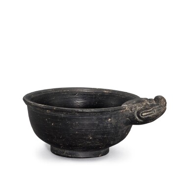 View full screen - View 1 of Lot 355. A black pottery dragon-handled cup, Yuan dynasty 元 黑陶龍首盃.