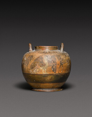 View full screen - View 1 of Lot 179. A Corinthian or Etrusco-Corinthian Black-figured Pyxis or Lebes Gamikos, circa 575-550.