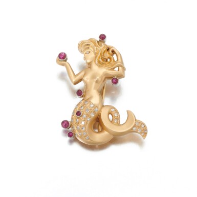 View full screen - View 1 of Lot 89. Ruby and diamond brooch (Spilla in rubini e diamanti).