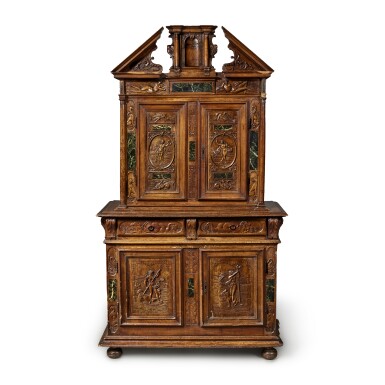 View full screen - View 1 of Lot 200. A French Renaissance Verde Green Marble Inlaid Carved Walnut Meuble À Deux Corps, Ile-de-France in the Manner of Jean Goujon, Late 16th Century and Later.