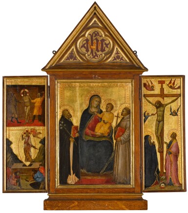 View full screen - View 1 of Lot 1. FLORENTINE SCHOOL, LATE 14TH CENTURY | A TRIPTYCH: THE MADONNA AND CHILD WITH SAINTS DOMINIC AND FRANCIS (CENTRAL PANEL); THE FLAGELLATION AND THE RESURRECTION (LEFT WING); THE CRUCIFIXION (RIGHT WING).