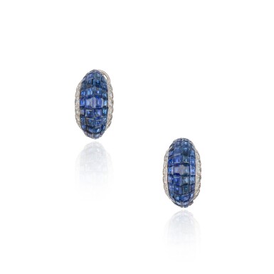 View full screen - View 1 of Lot 192. A Pair of 'Mystery-Set' Sapphire and Diamond Earclips.