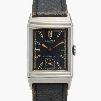 View full screen - View 1 of Lot 43. Reverso Luxe | Retailed by E. Gübelin: A stainless steel reversible wristwatch, Circa 1933.