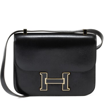 View full screen - View 1 of Lot 477. Black Calfbox Constance 23 Gold and Black Laquer Hardware.