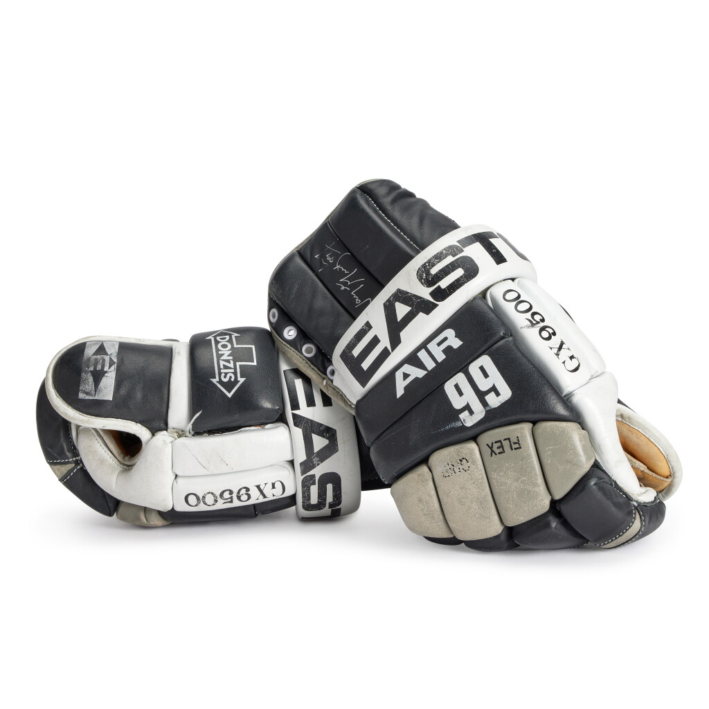 View full screen - View 1 of Lot 5. Wayne Gretzky Los Angeles Kings 1993 Clarence Campbell Conference Finals Game Used and Dual Signed Gloves | Worn For Games 1 and/or Game 2.