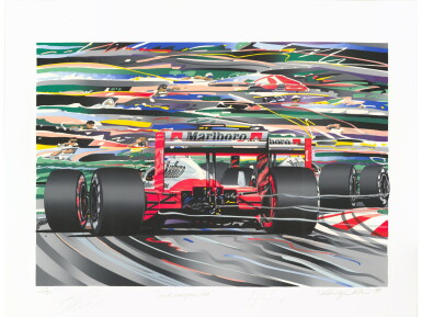 View full screen - View 1 of Lot 97. Ayrton Senna and Alain Prost Dual Signed Limited Edition (#119/135) "...and Everyone Else" Serigraph - Formula 1 Teammates with an Invitation to a Senna Foundation Event (Beckett).