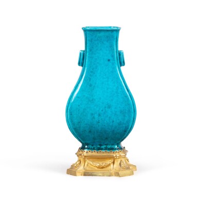 View full screen - View 1 of Lot 172. A gilt-bronze mounted blue enameled porcelain vase, China, 19th century and Louis XVI style, late 19th century | Vase en porcelaine émaillée bleu turquoise, Chine, XIXe siècle et monture de bronze doré de style Louis XVI, fin XIXe siècle.