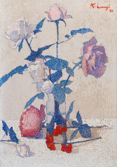 View full screen - View 1 of Lot 507. Roses dans un verre d'eau, une fleur de géranium.