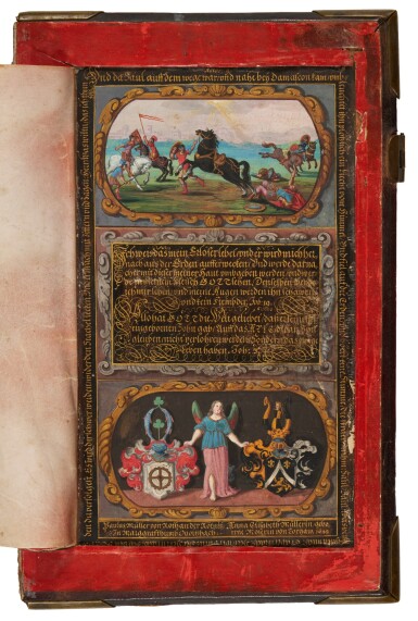 View full screen - View 1 of Lot 1088. (Painted Book Bindings) | A pair of decorative book covers with old master portraits, painted armorials and town views, mid seventeenth century.