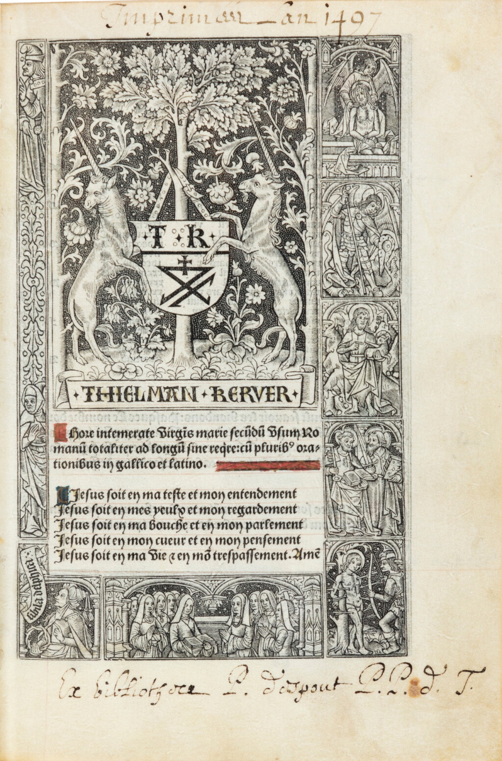 View full screen - View 1 of Lot 11. Hore intemerata Virgis Marie… Paris, Thielman Kerver, 28 octobre 1498. In-8. Magnifique livre d’heures imprimé sur peau de vélin dans une éblouissante reliure de Courteval. De la bibliothèque Marcel Jeanson..