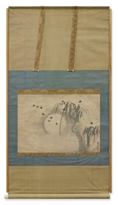 View full screen - View 1 of Lot 810. Hasegawa School, Painting of crows, willow trees, and the full moon, ink on paper, hanging scroll, framed, 17th century.