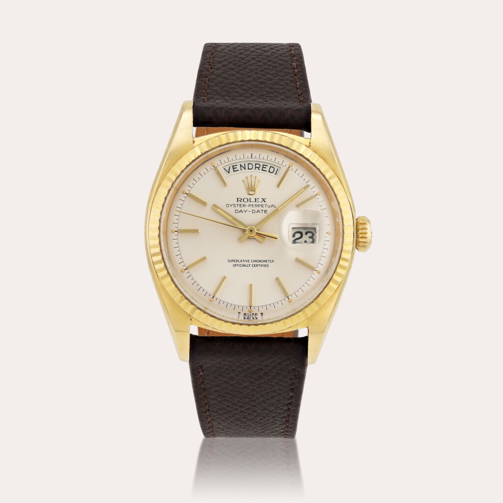 View full screen - View 1 of Lot 422. Day-Date 'pie pan', reference 1803 Montre bracelet en or jaune avec jour et date | Yellow gold wristwatch with day and date Vers 1967 | Circa 1967.