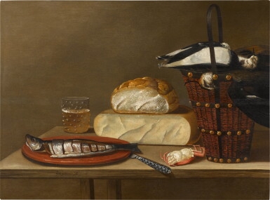 View full screen - View 1 of Lot 61. Still life with a herring, cheese, crab and songbirds.