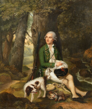 View full screen - View 1 of Lot 317. A hunter resting by a tree with his dog | Chasseur au repos près d'un arbre avec son chien.