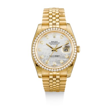 View full screen - View 1 of Lot 134. ROLEX | DATEJUST, REFERENCE 116238, A YELLOW GOLD AND DIAMOND-SET WRISTWATCH WITH DATE, MOTHER-OF-PEARL DIAL AND BRACELET, CIRCA 2018.