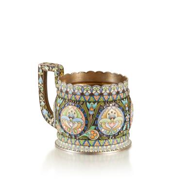 View full screen - View 1 of Lot 218. A silver-gilt and cloisonné enamel tea glass holder, Ovchinnikov, Moscow, 1908-1917.
