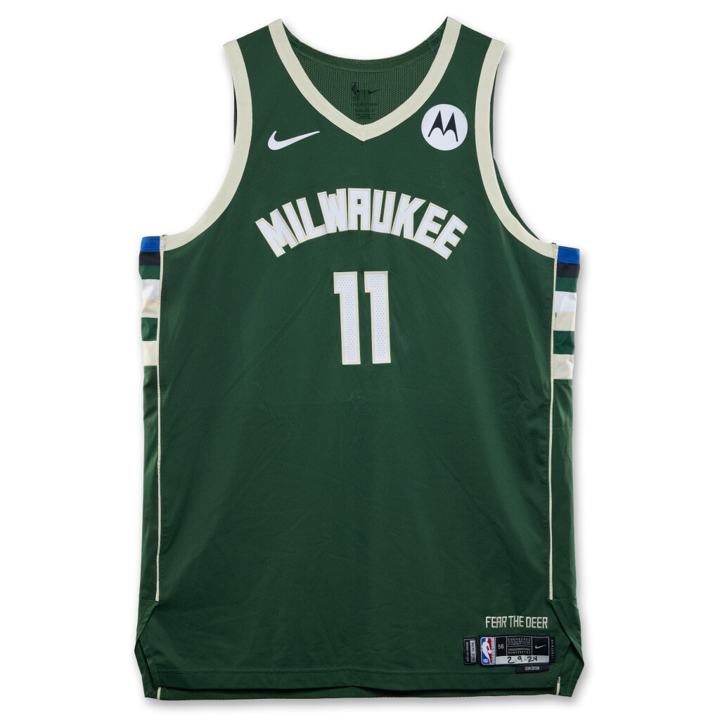 View full screen - View 1 of Lot 158. Brook Lopez Milwaukee Bucks 2023-2024 Game Issued Icon Edition Jersey .