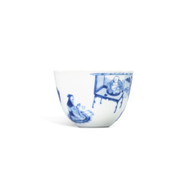 View full screen - View 1 of Lot 54. A fine and very rare blue and white 'Su Jin' cup, Mark and period of Kangxi | 清康熙 青花蘇晉坐禪圖盃 《大清康熙年製》款.