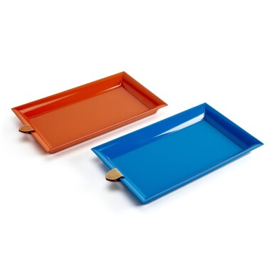 View full screen - View 1 of Lot 211. Orange and Bleu Lacquered Wood, Barenia, and Lizard Long Chakor Change Trays.