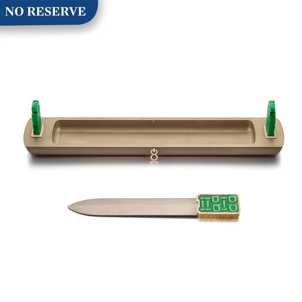 View full screen - View 1 of Lot 1231. TITANIUM, JADEITE AND DIAMOND LETTER OPENER AND HOLDER | 鈦金屬 配 天然翡翠 及 鑽石 開信刀及台座.