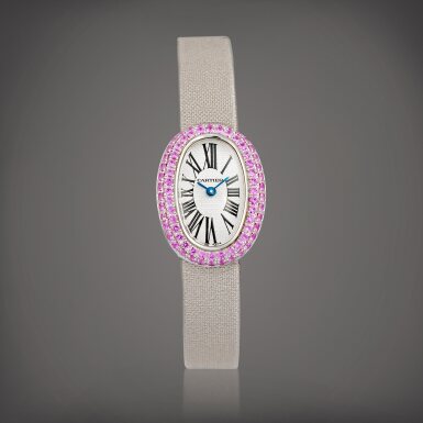 View full screen - View 1 of Lot 748. Mini Baignoire, Reference 2369 | A white gold and pink sapphire-set wristwatch, Circa 2002 | 卡地亞 | Mini Baignoire 型號2369 | 白金鑲粉紅色藍寶石腕錶,約2002年製.