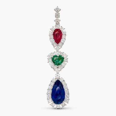 View full screen - View 1 of Lot 1487. Ruby, Sapphire, Emerald and Diamond Pendant | 紅寶石 配 藍寶石 及 祖母綠 及 鑽石 吊墜.