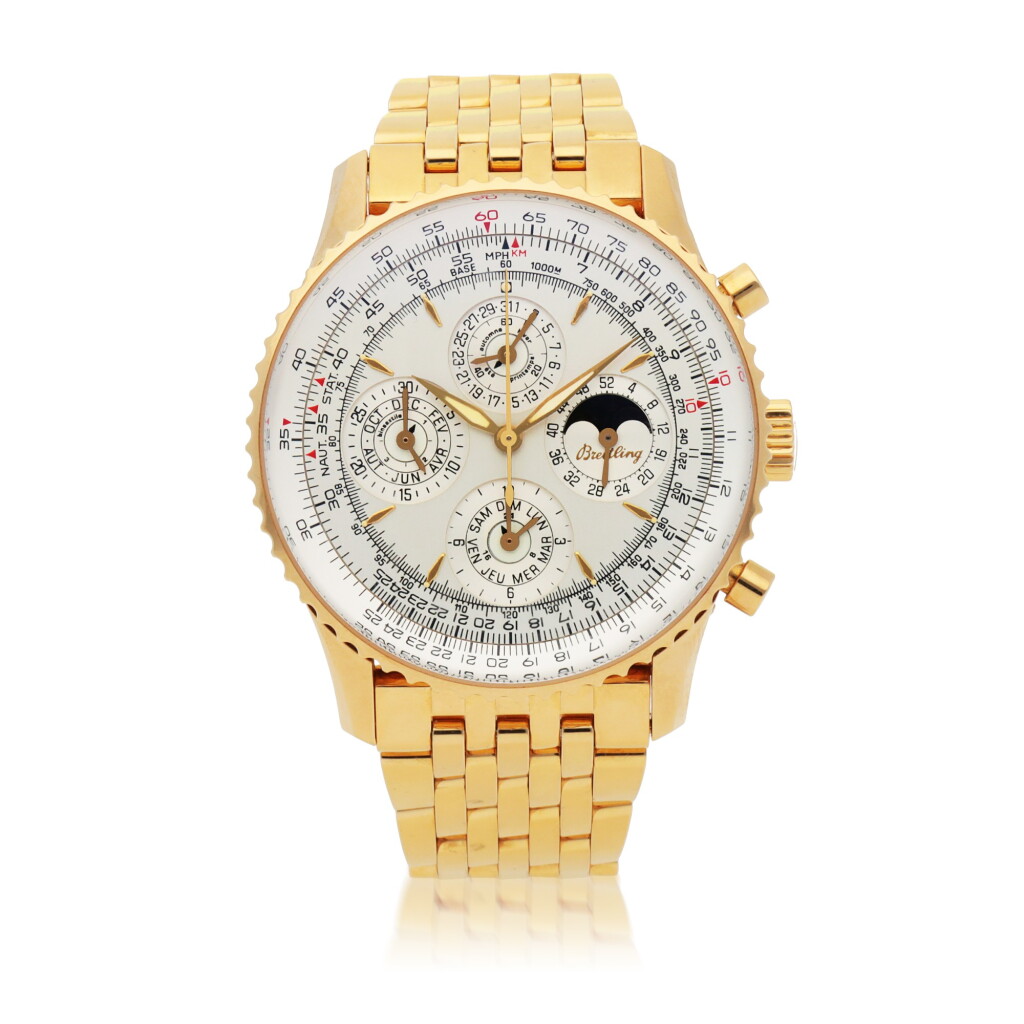 全螢幕檢視 - 查看427NAVITIMER MONTBRILLANT PERPETUEL, REF H29030 LIMITED EDITION PINK GOLD PERPETUAL CALENDAR CHRONOGRAPH WRISTWATCH WITH MOON PHASES, 24-HOUR, LEAP-YEAR, WEEK AND SEASON INDICATION CIRCA 2000的1