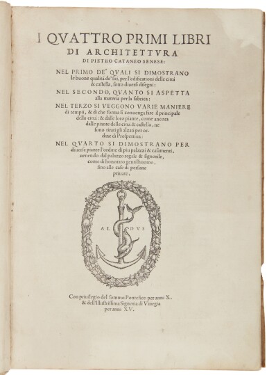 View full screen - View 1 of Lot 261. Cataneo, I quattro primi libri di architettura, Venice, Aldus, 1554, contemporary limp vellum.