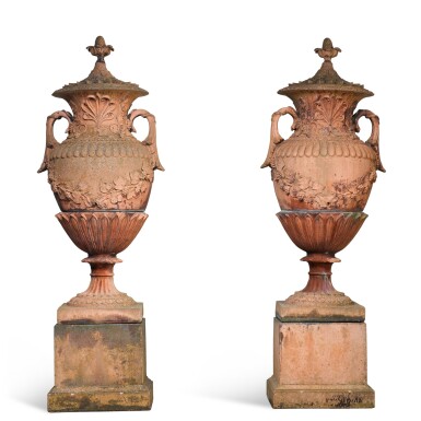 View full screen - View 1 of Lot 145. A pair of large terracotta lidded vases, 20th century.