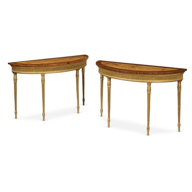 View full screen - View 1 of Lot 1161. A Pair of George III Satinwood, Sabicu, Tulipwood-Banded, Marquetry and Giltwood Pier Tables, Circa 1775.