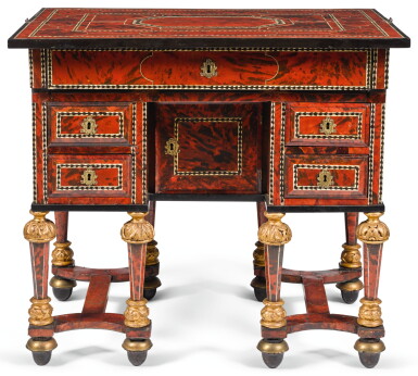 View full screen - View 1 of Lot 117. A LOUIS XIV PARCEL-GILT EBONY AND BONE INLAID TORTOISESHELL AND WALNUT BUREAU BRISÉ.