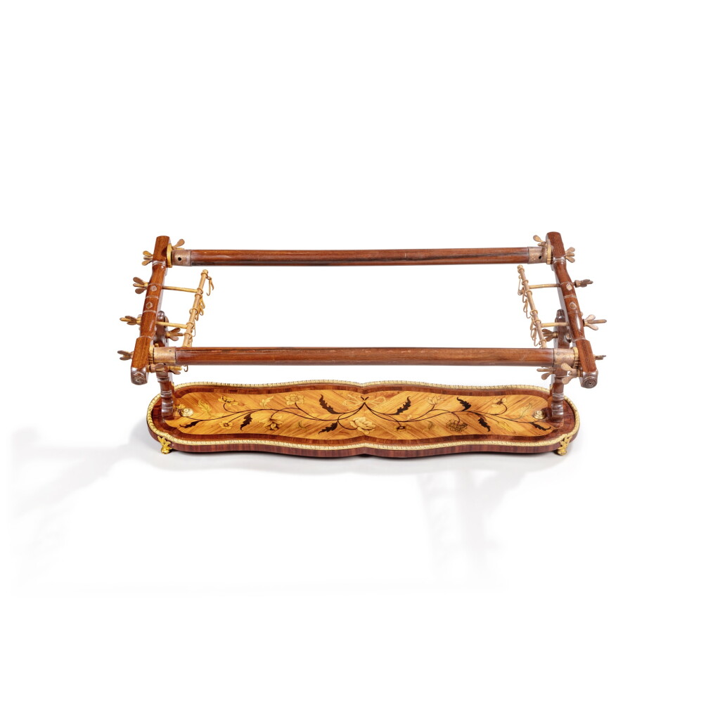 View full screen - View 1 of Lot 841. A Louis XV gilt-bronze-mounted tulipwood, bois satiné and marquetry table embroidery frame, circa 1760, attributed to Pierre Roussel.